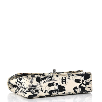 Chanel Canvas Printed Medium Double Flap Black White 5 of 17