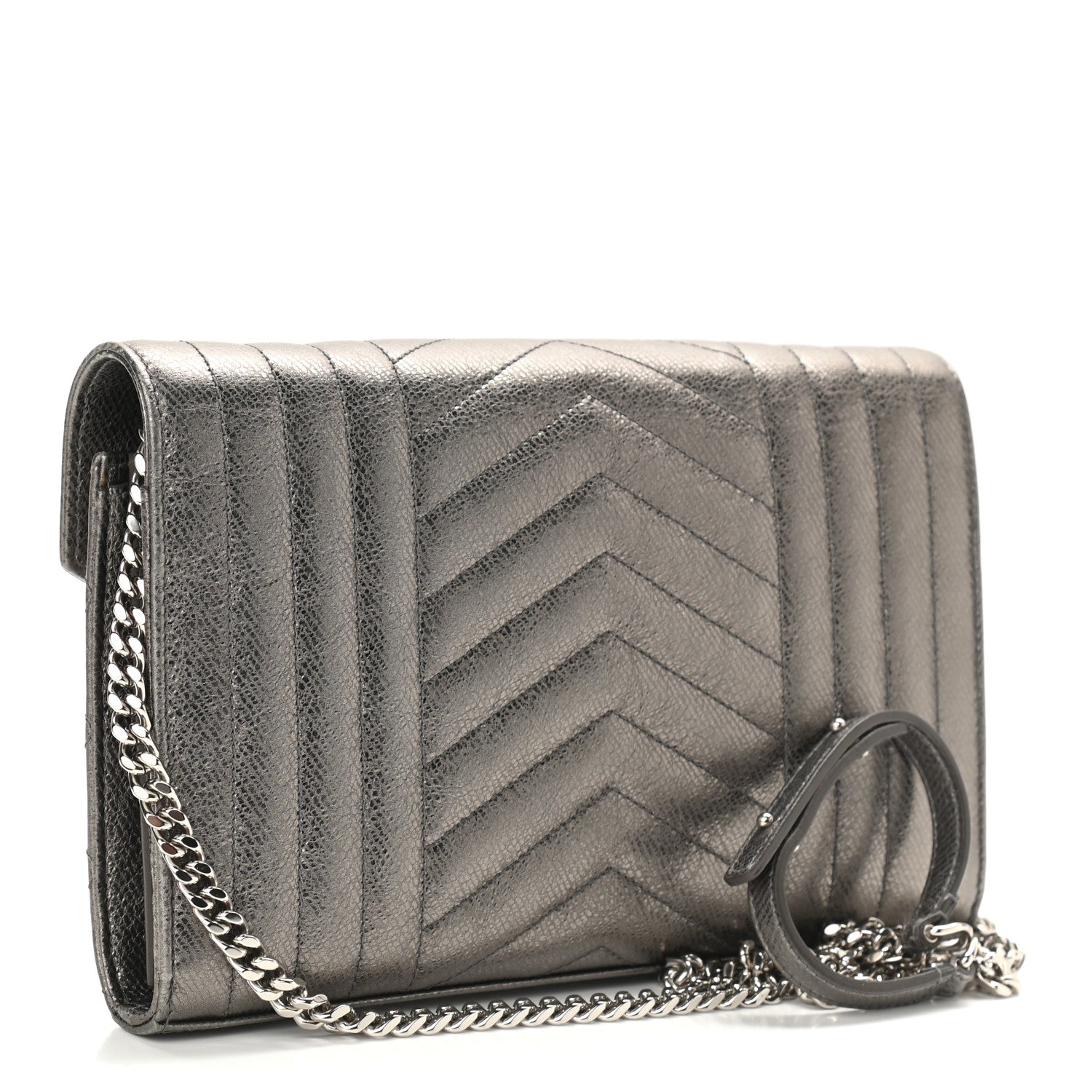 Saint Laurent Metallic Calfskin Mixed Matelasse Triquilt Monogram Chain Wallet Piombo 3 of 11
