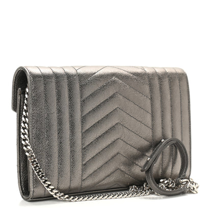 Saint Laurent Metallic Calfskin Mixed Matelasse Triquilt Monogram Chain Wallet Piombo 3 of 11