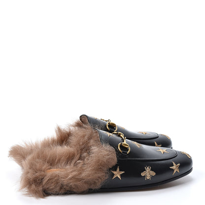 Gucci Goatskin Fur Bee Star Embroidered Womens Princetown Slippers 36 Black 4 of 10