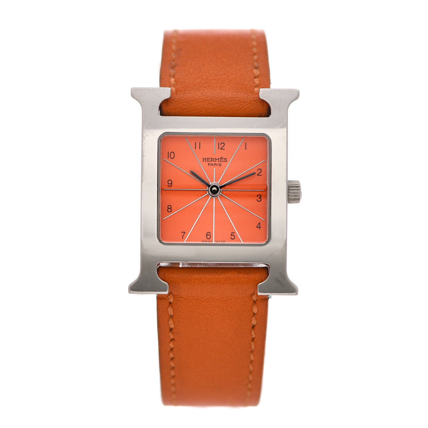 Hermes Stainless Steel Swift 21mm Heure H Hour Quartz Watch Orange 1 of 8