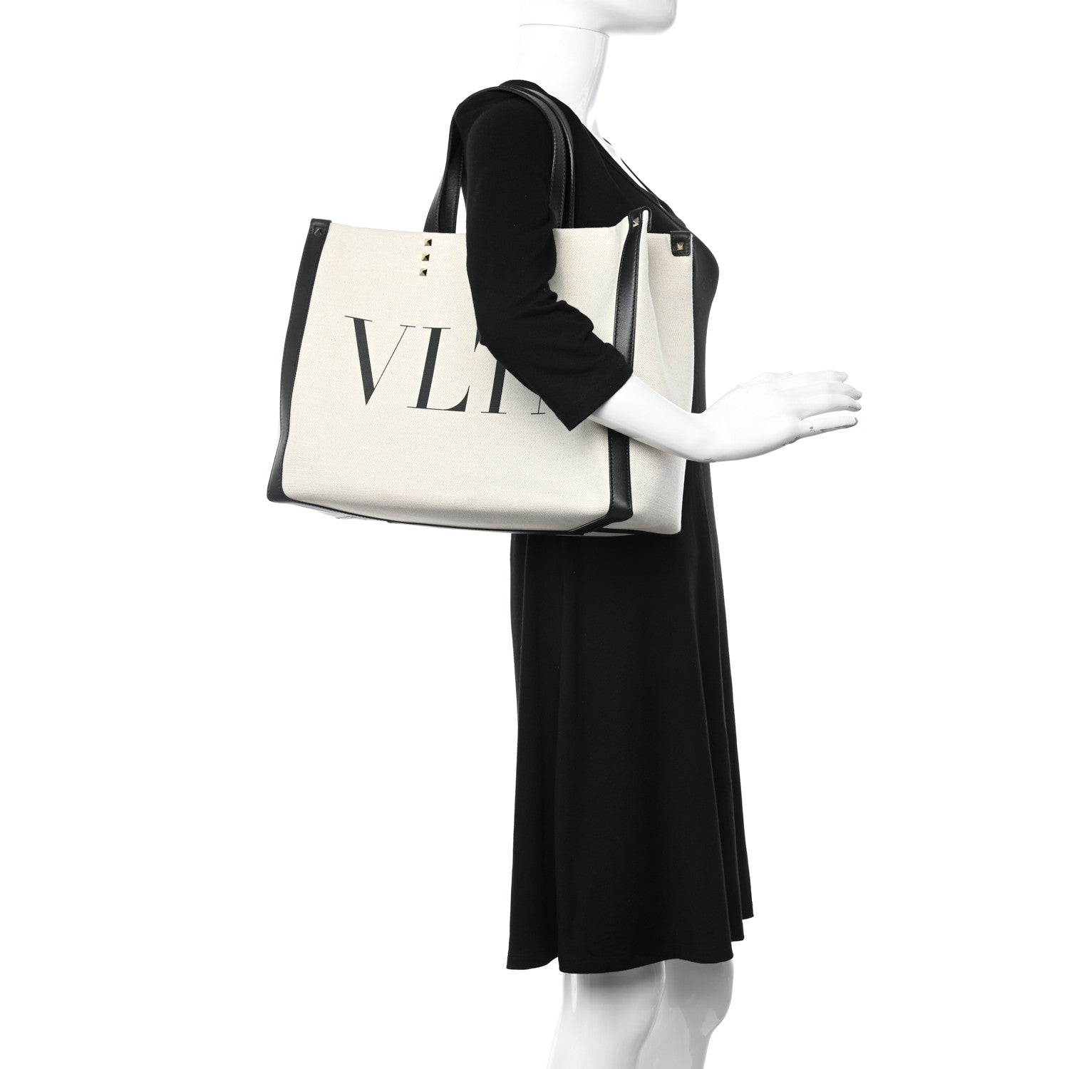 Valentino Garavani Canvas Calfskin VLTN Print Small Rockstud Tote Naturale Black 2 of 9