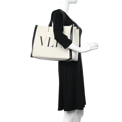 Valentino Garavani Canvas Calfskin VLTN Print Small Rockstud Tote Naturale Black 2 of 9