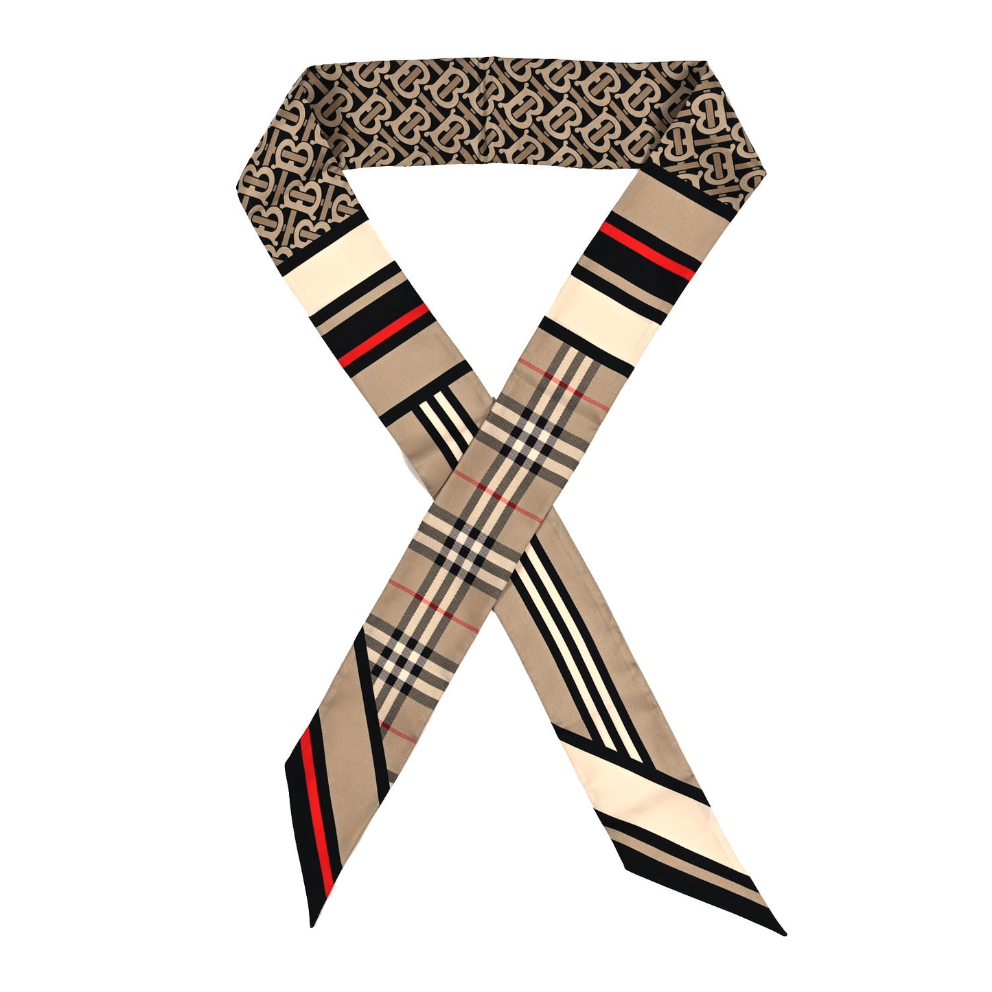 Silk Check Triple Stripe TB Monogram Print Ribbon Scarf Beige