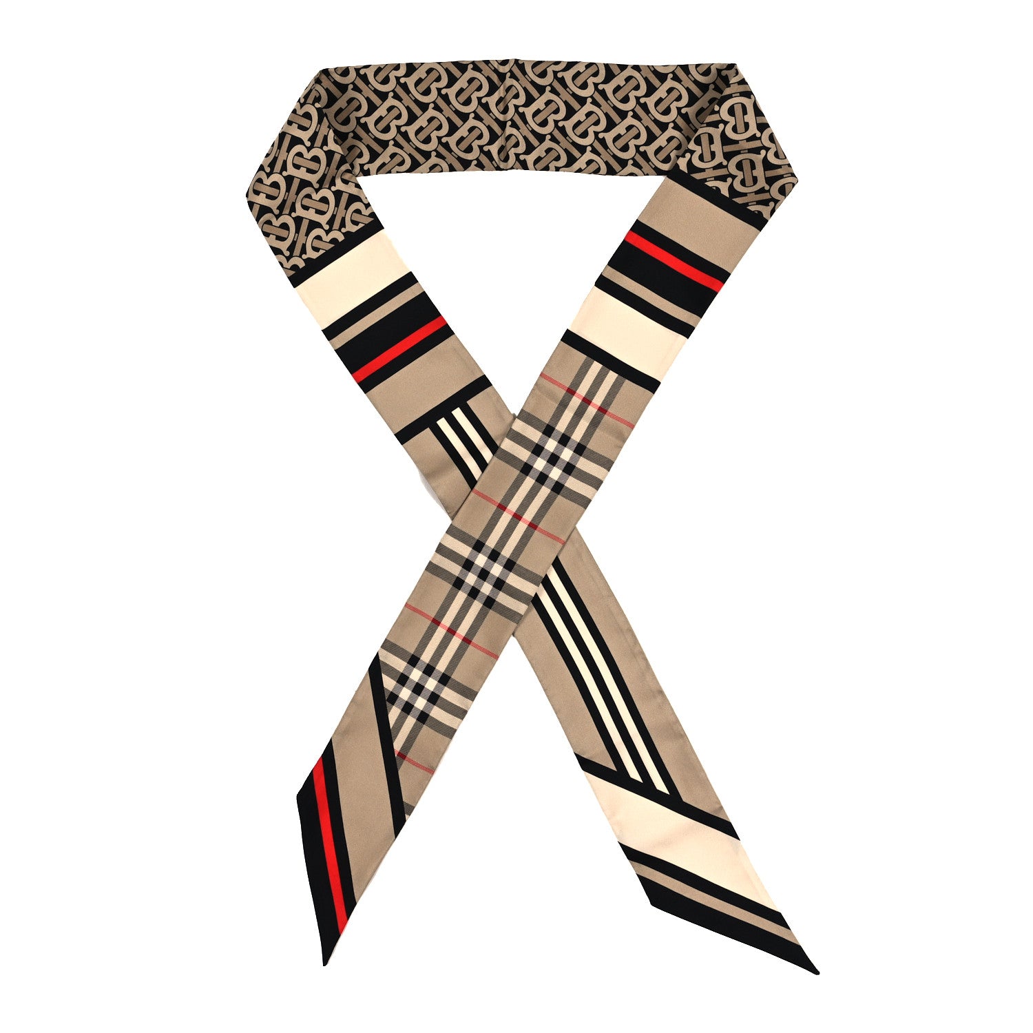 Burberry Silk Check Triple Stripe TB Monogram Print Ribbon Scarf Beige 1 of 4