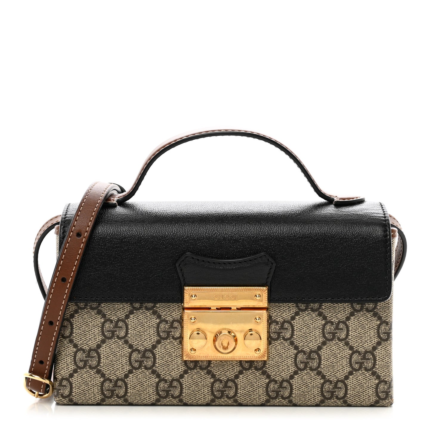 GG Supreme Monogram Calfskin Mini Padlock Top Handle Shoulder Bag Beige Black Cuir