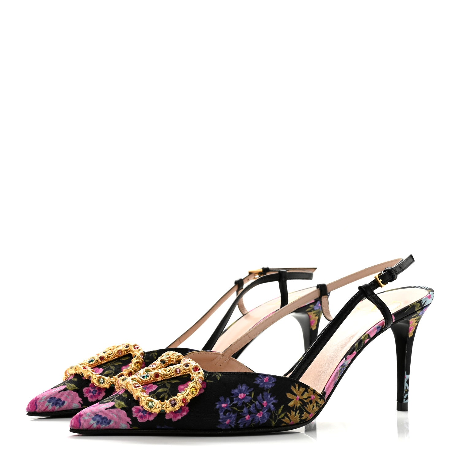 Valentino Garavani Satin Moire Floral Vlogo Loco Slingback 80mm Pumps 37 Black Multicolor 4 of 9