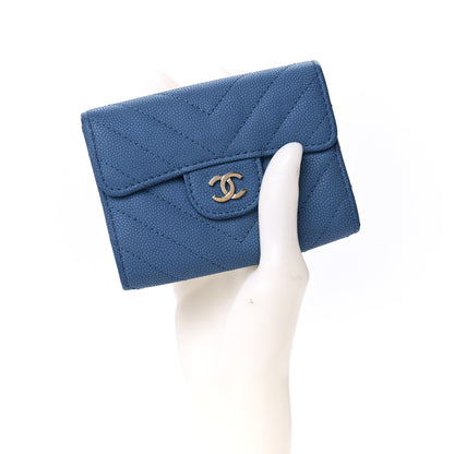 Chanel Caviar Flat Chevron Quilted Flap Card Holder Wallet Blue 2 of 12