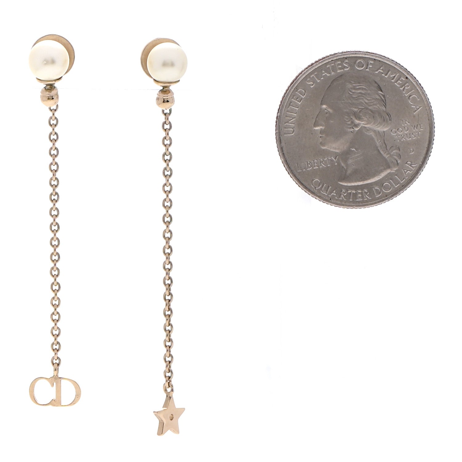 Christian Dior Pearl Crystal Star CD Drop Earrings Gold 2 of 4