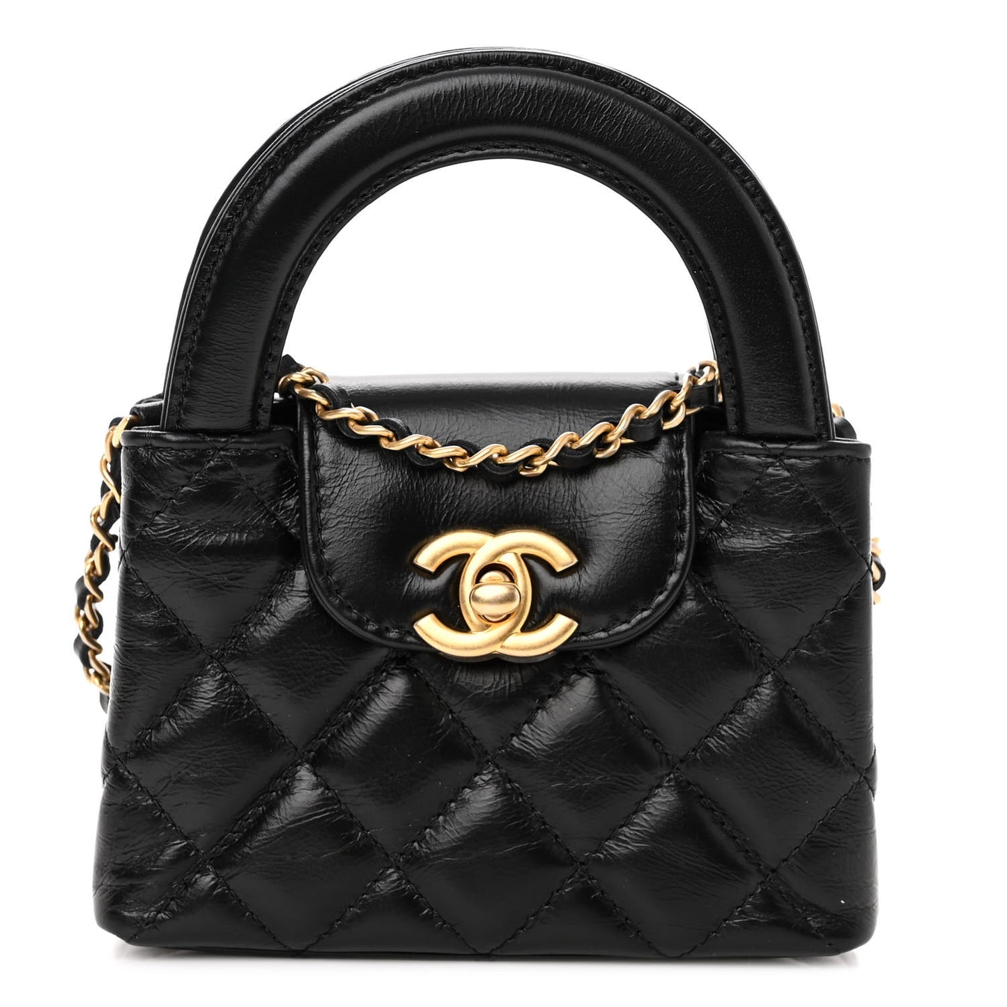 Shiny Aged Calfskin Quilted Mini Nano Kelly Shopper Black