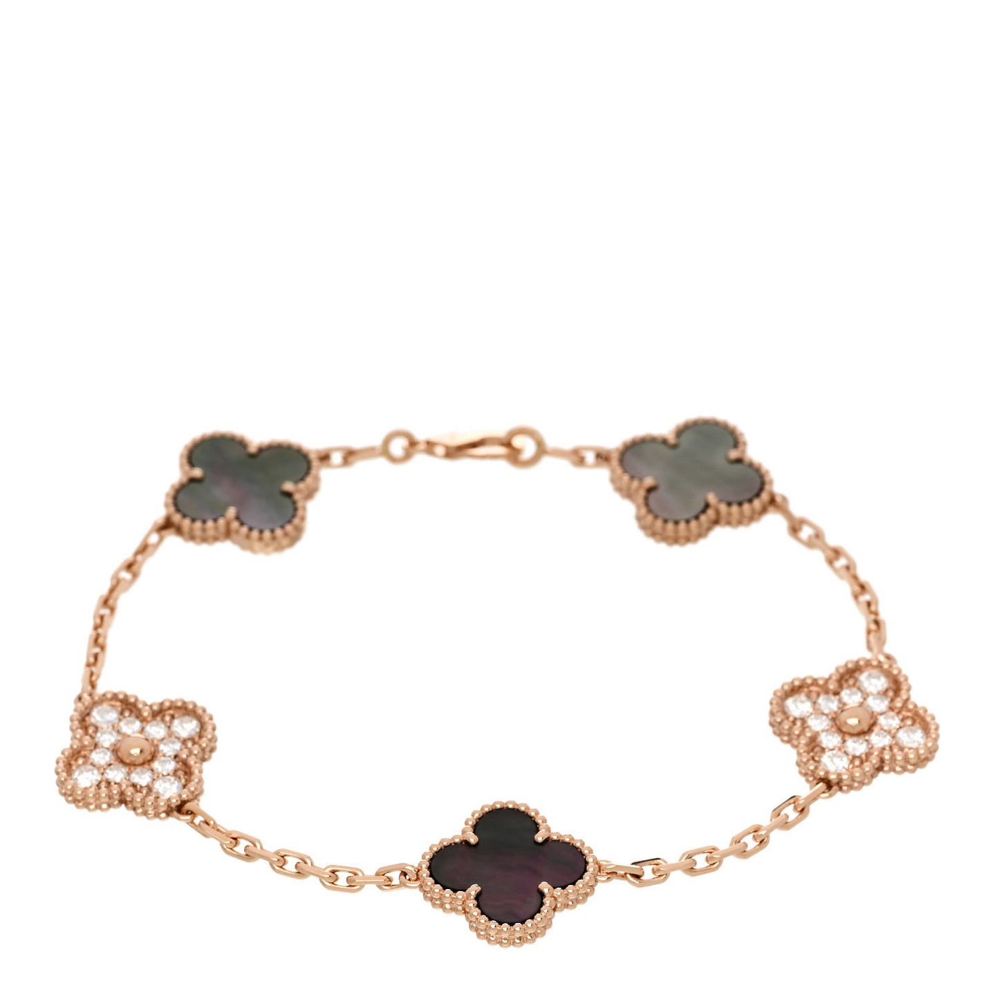 18K Rose Gold Diamond Gray Mother of Pearl 5 Motifs Vintage Alhambra Bracelet