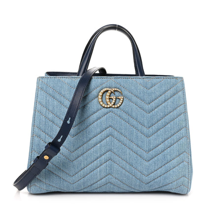 Gucci Denim Matelasse Small Pearly GG Marmont Tote Blue 1 of 10