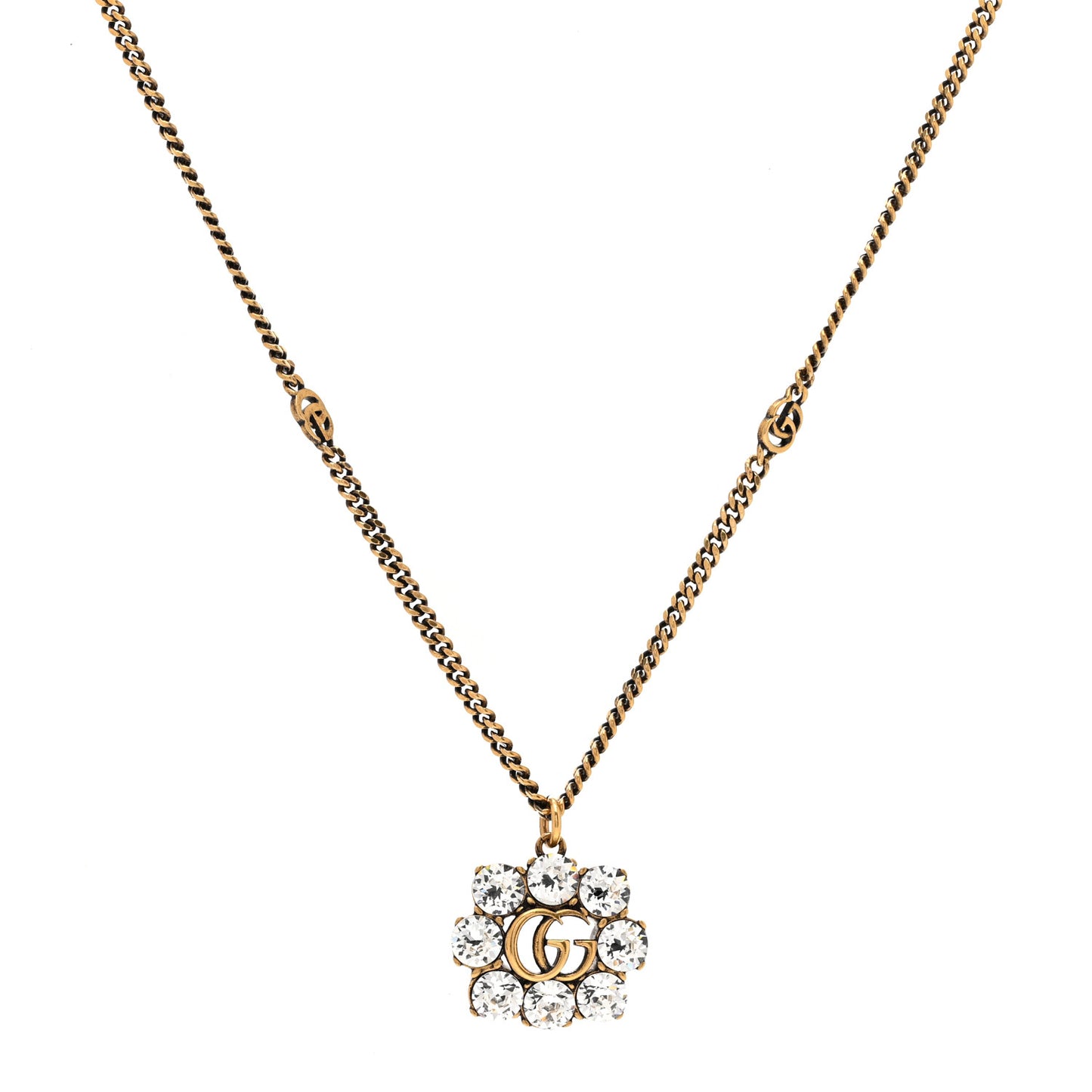 GUCCI Crystal Embellished Double G Necklace Aged Gold