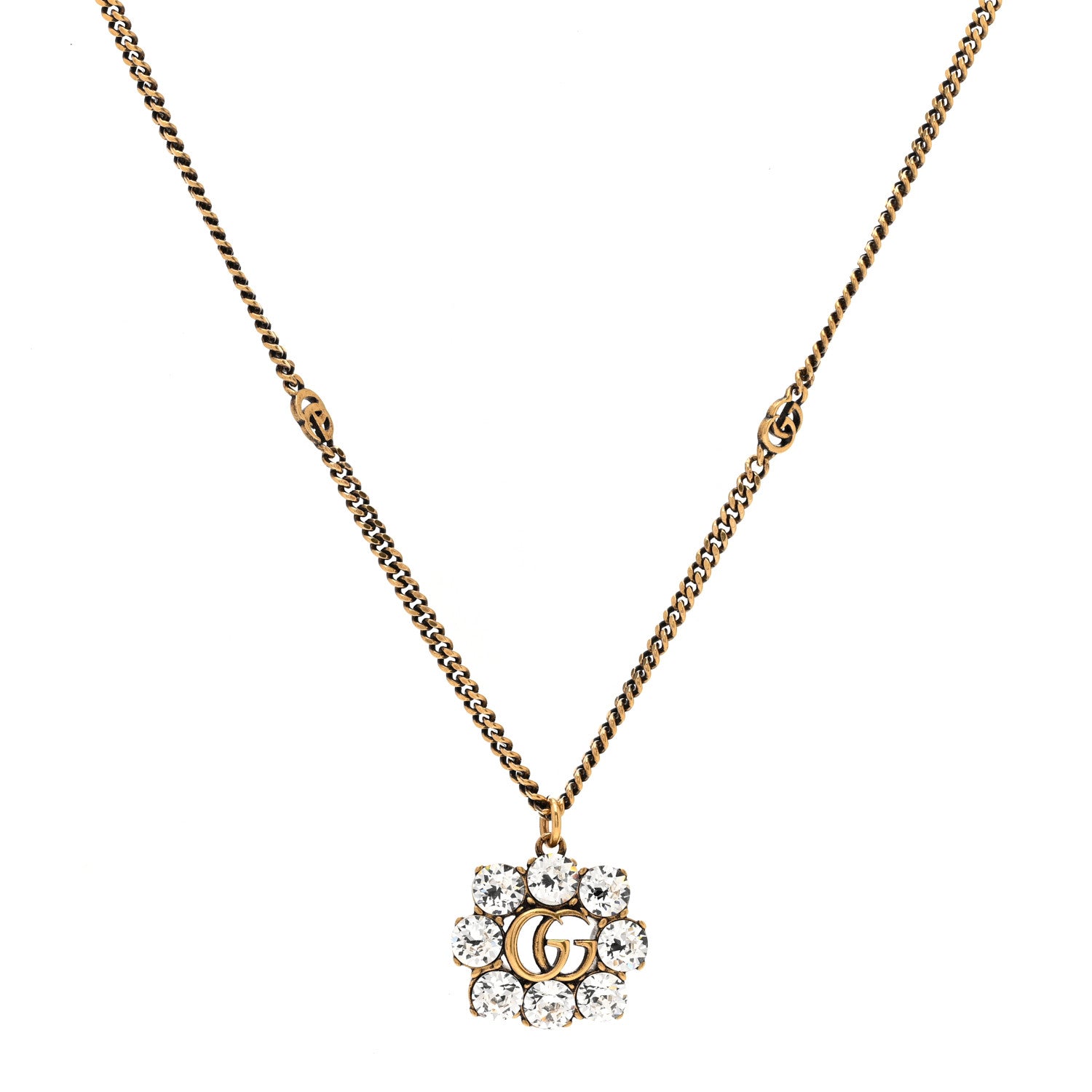 Chanel GUCCI Crystal Embellished Double G Necklace Aged Gold 1 of 5