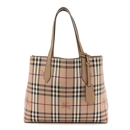 Burberry Grainy Calfskin Haymarket Check Medium Reversible Tote Camel 3 of 18