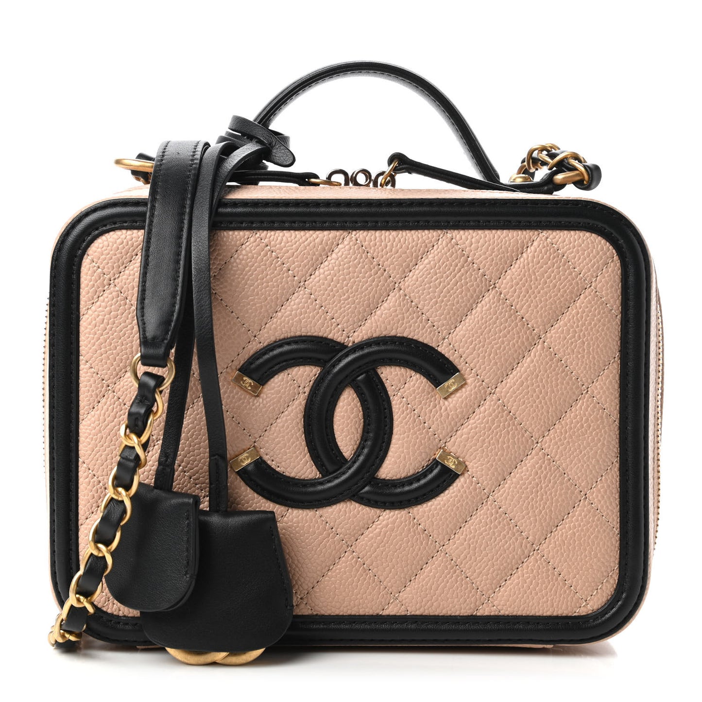 Caviar Quilted Medium CC Filigree Vanity Case Beige Black