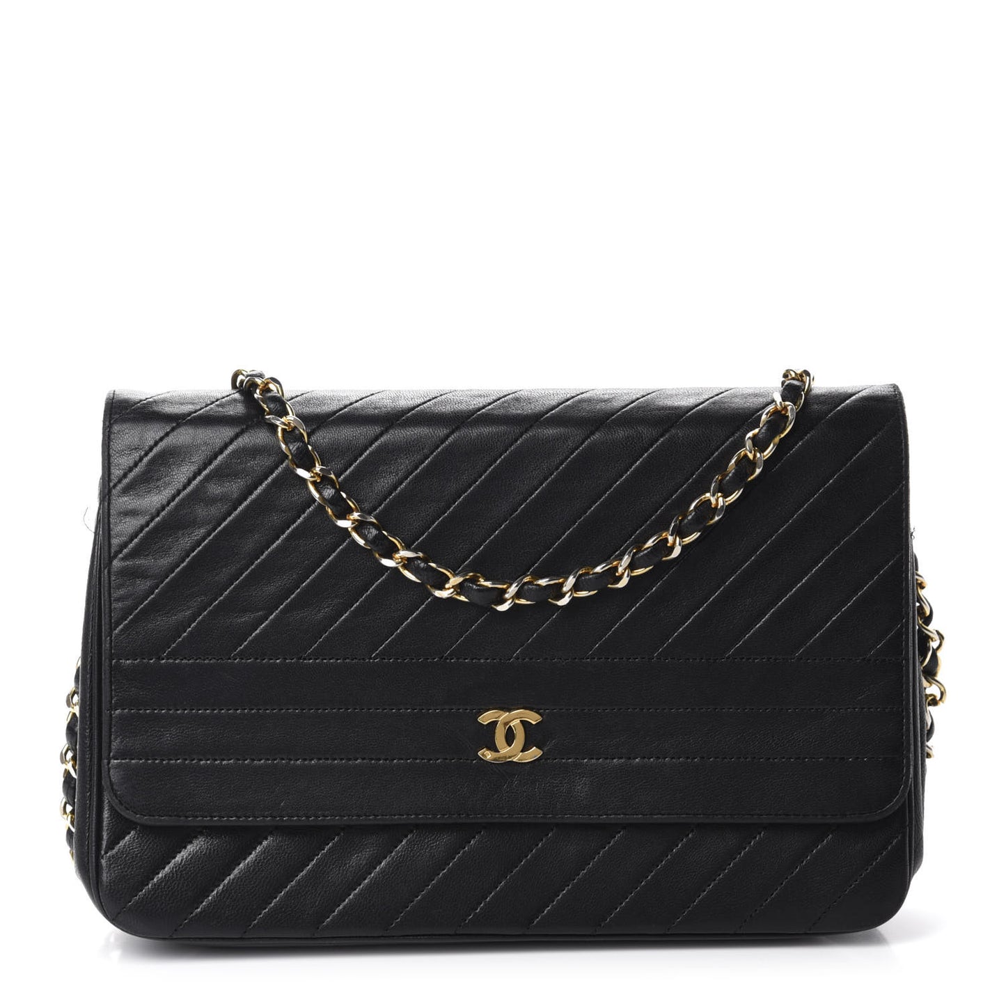 Lambskin Diagonal Quilted Small Single Flap Black