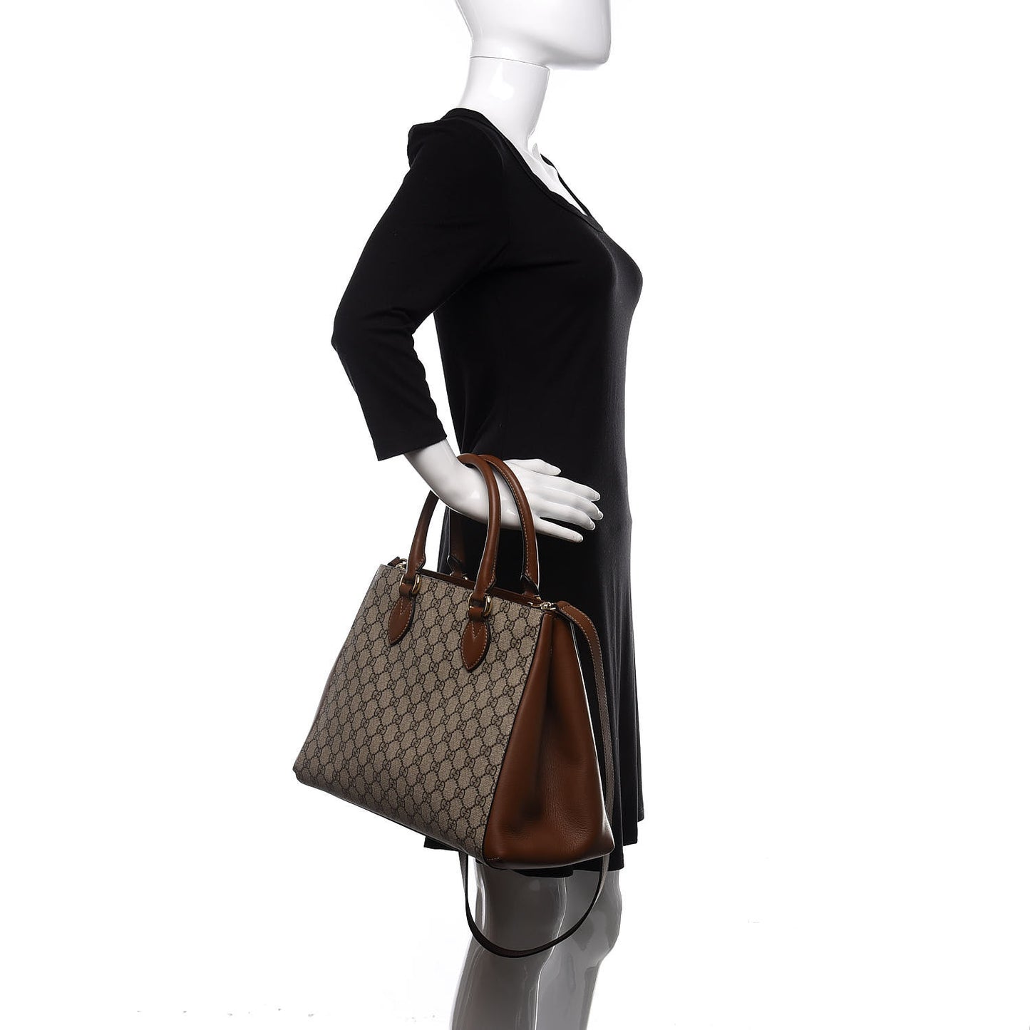 GG Supreme Monogram Moon Calfskin Top Handle Tote Bag Beige Ebony Tuscany