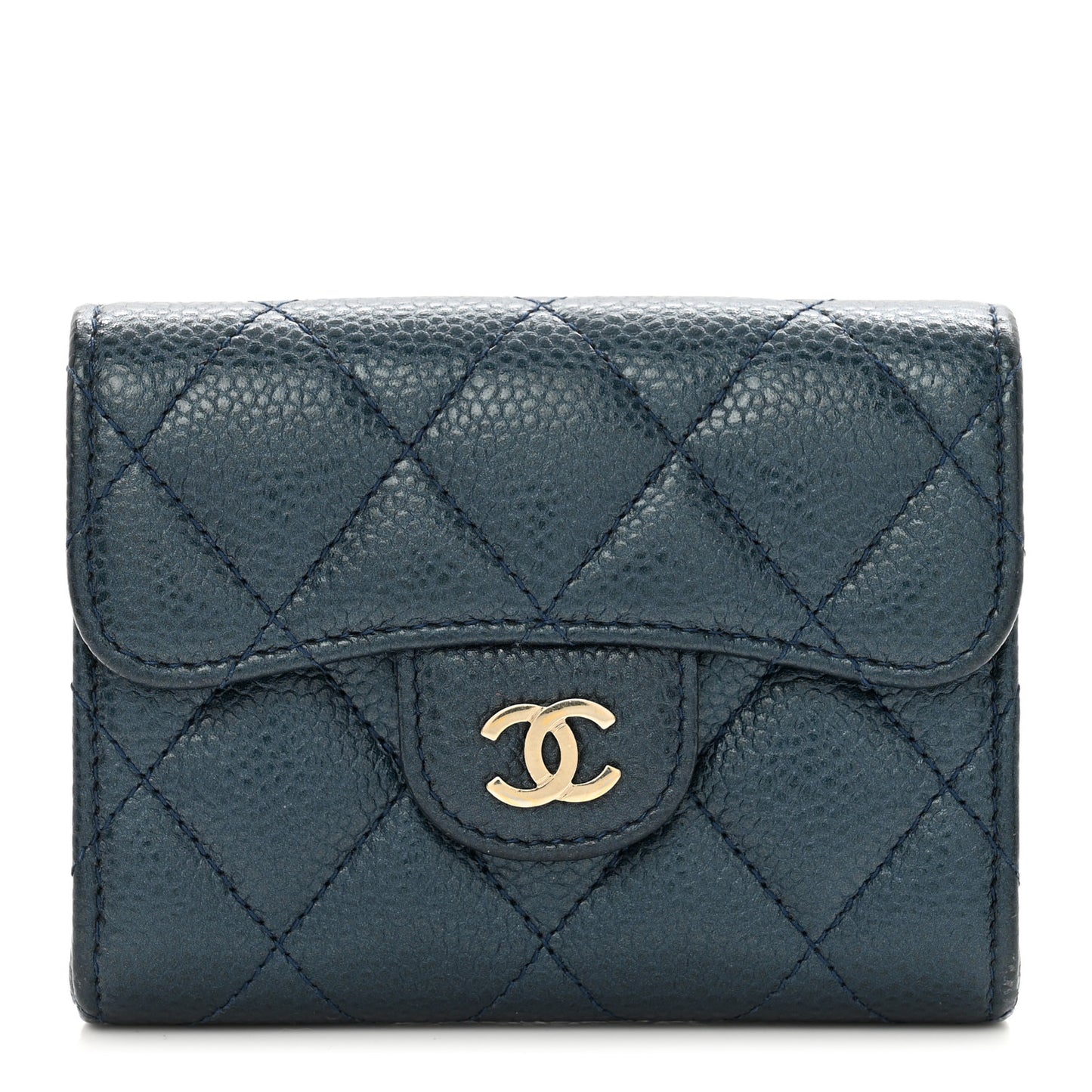 Metallic Caviar Quilted Flap Card Holder Wallet Dark Blue
