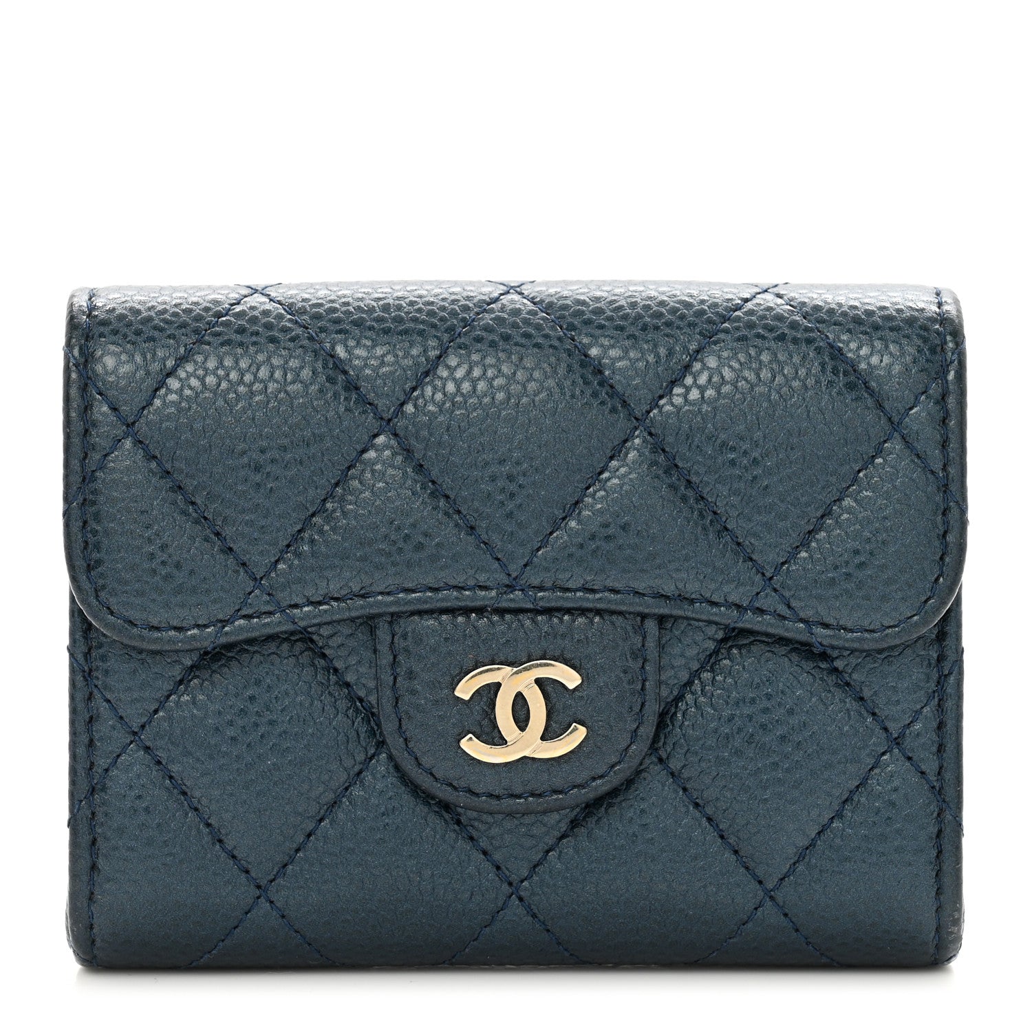 Chanel Metallic Caviar Quilted Flap Card Holder Wallet Dark Blue 1 of 9