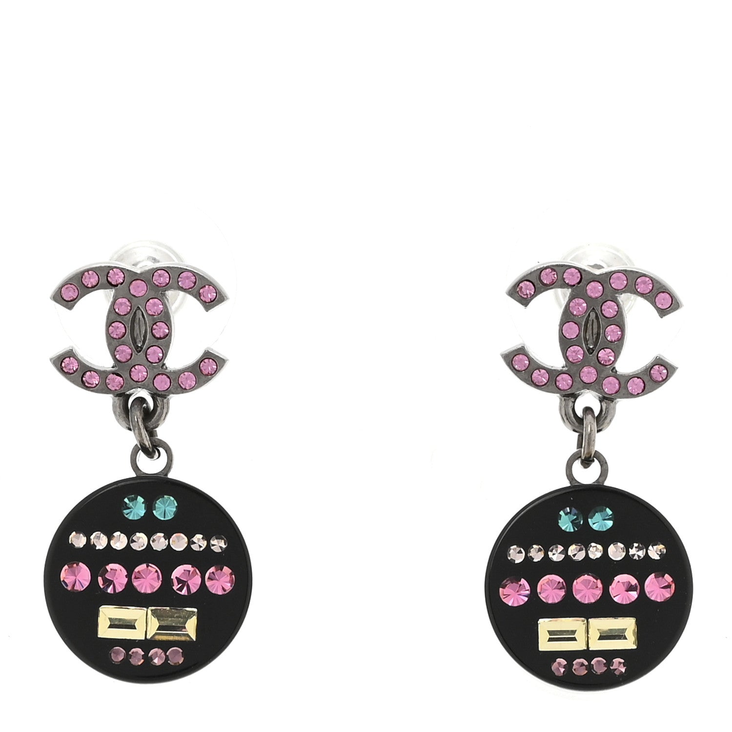 Chanel Resin Crystal CC Drop Earrings Black Multicolor 1 of 5