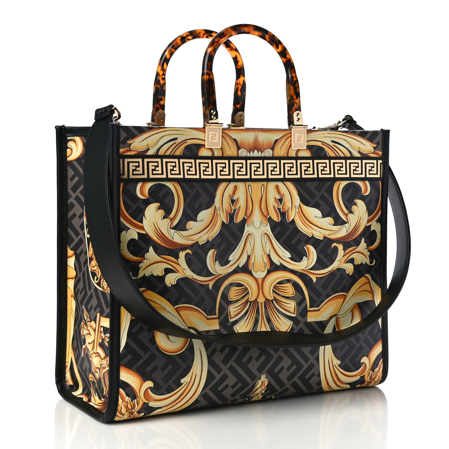 X VERSACE Calfskin Plexiglass Fendace FF Baroque Print Medium Fendi Sunshine Shopper Tote Black Gold