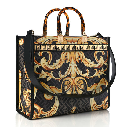 Fendi X VERSACE Calfskin Plexiglass Fendace FF Baroque Print Medium Fendi Sunshine Shopper Tote Black Gold 3 of 10