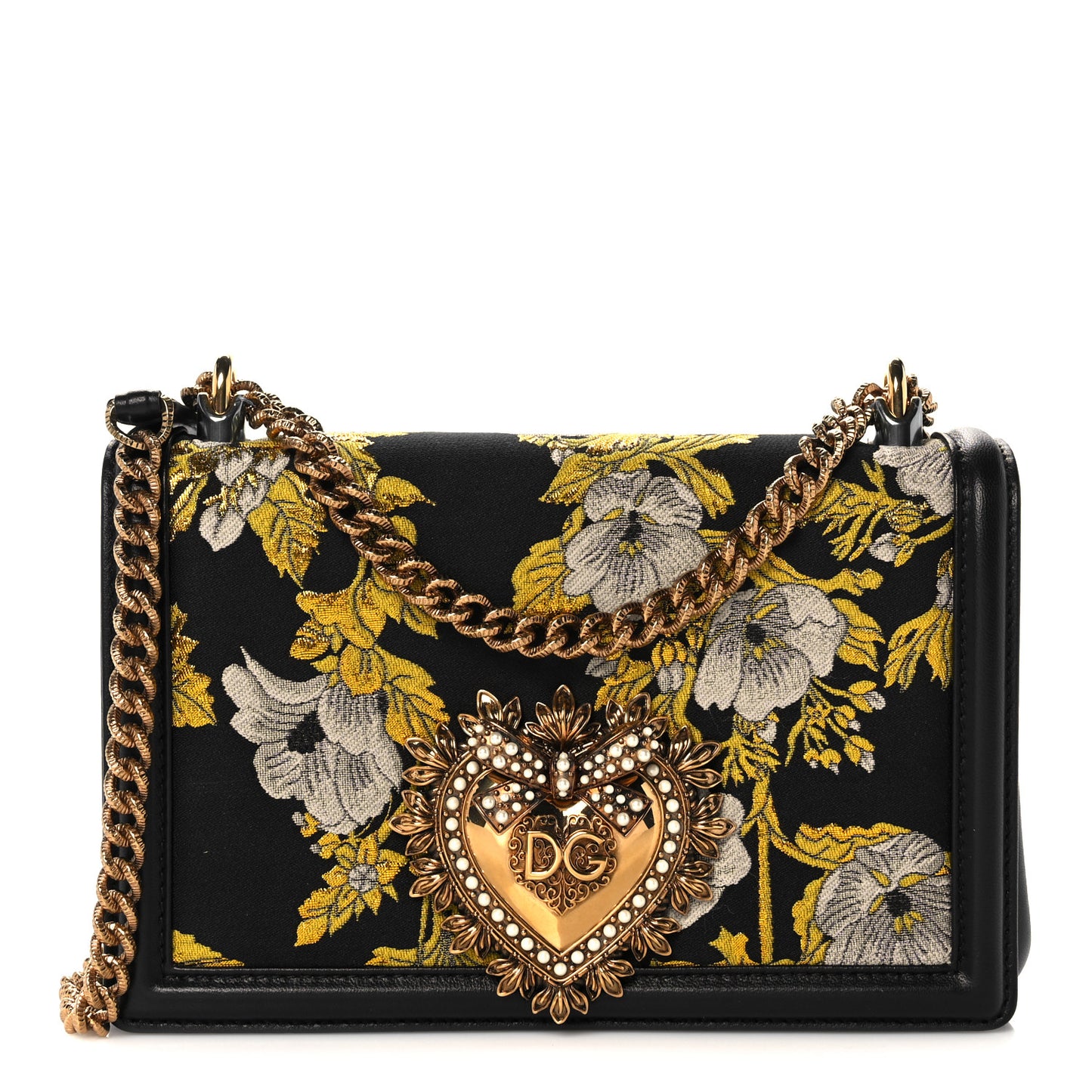 Floral Jacquard Smooth Calfskin Medium Devotion Crossbody Bag Yellow Black
