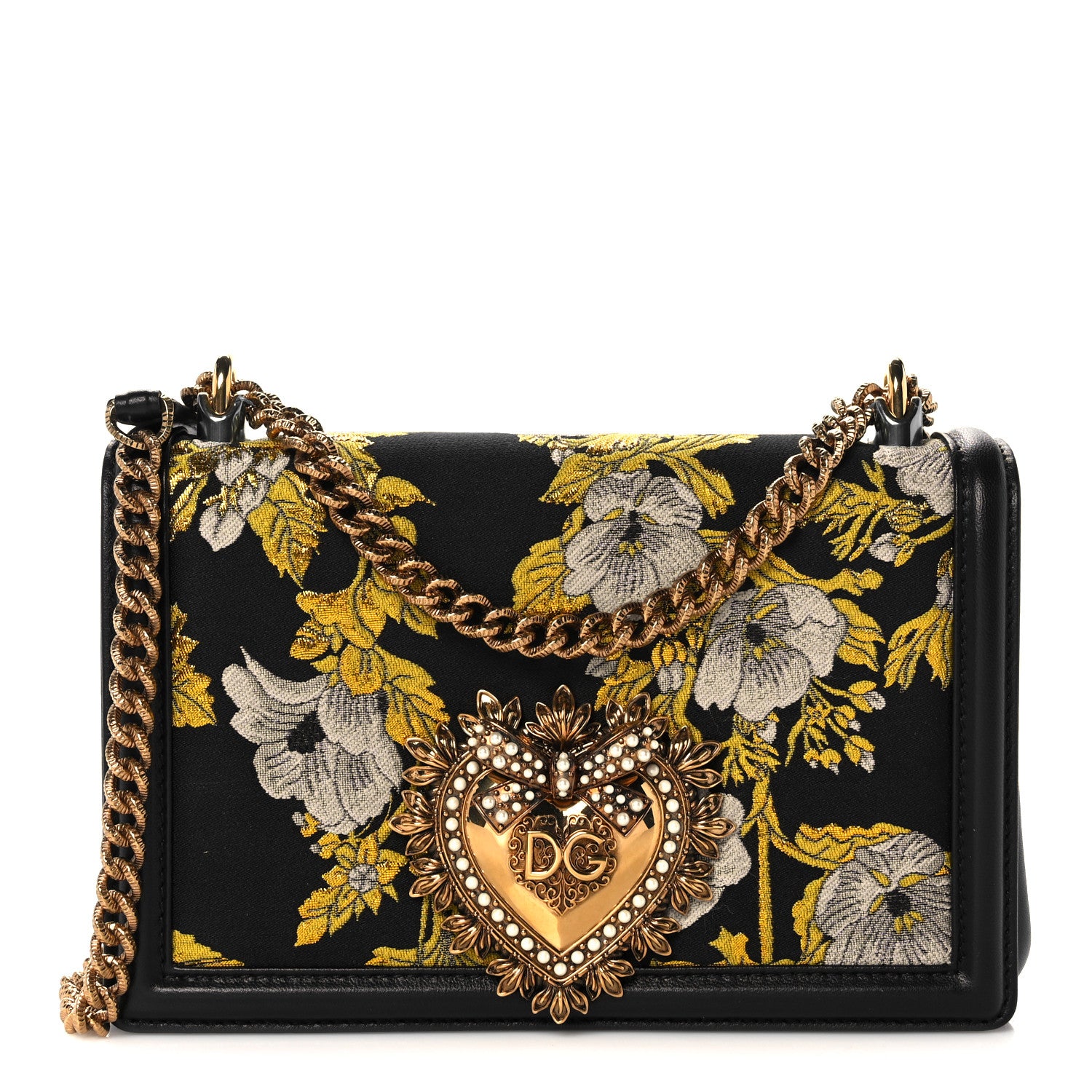 Dolce & Gabbana Floral Jacquard Smooth Calfskin Medium Devotion Crossbody Bag Yellow Black 1 of 13