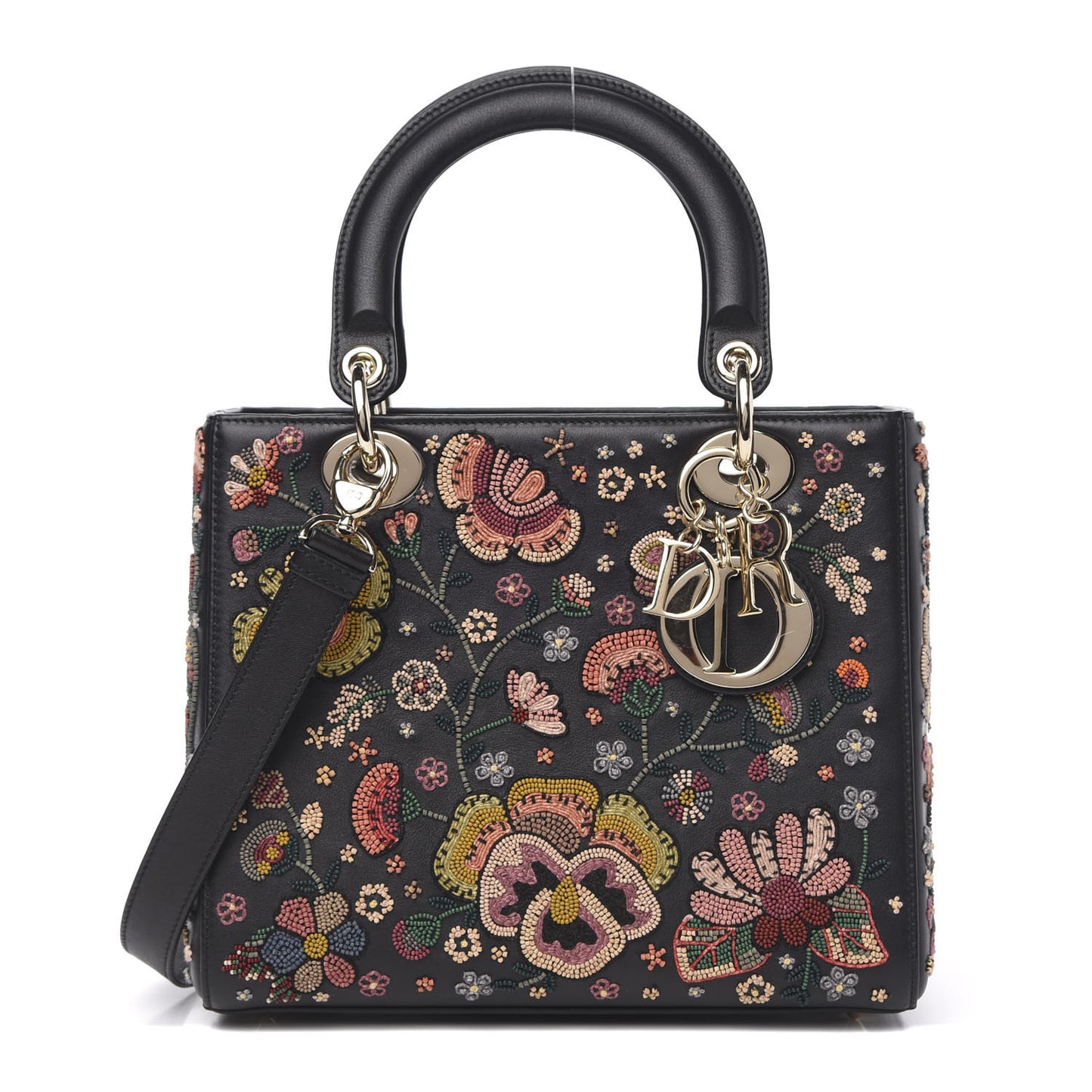 Smooth Calfskin Embroidered Beaded Floral Medium Lady Dior Black Multicolor