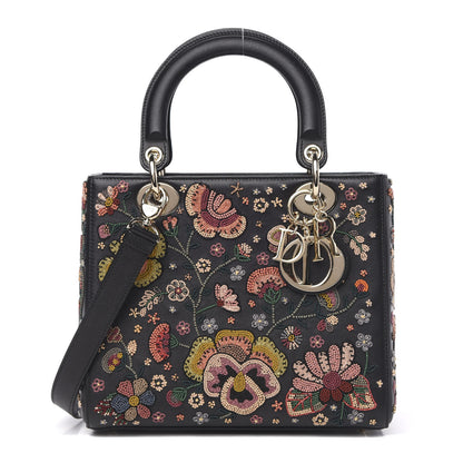 Christian Dior Smooth Calfskin Embroidered Beaded Floral Medium Lady Dior Black Multicolor 1 of 12