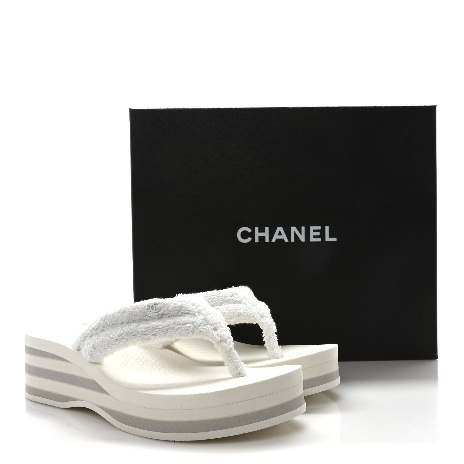 Chanel Terry Cloth CC Logo Thong Sandals 37.5 White 9 of 9