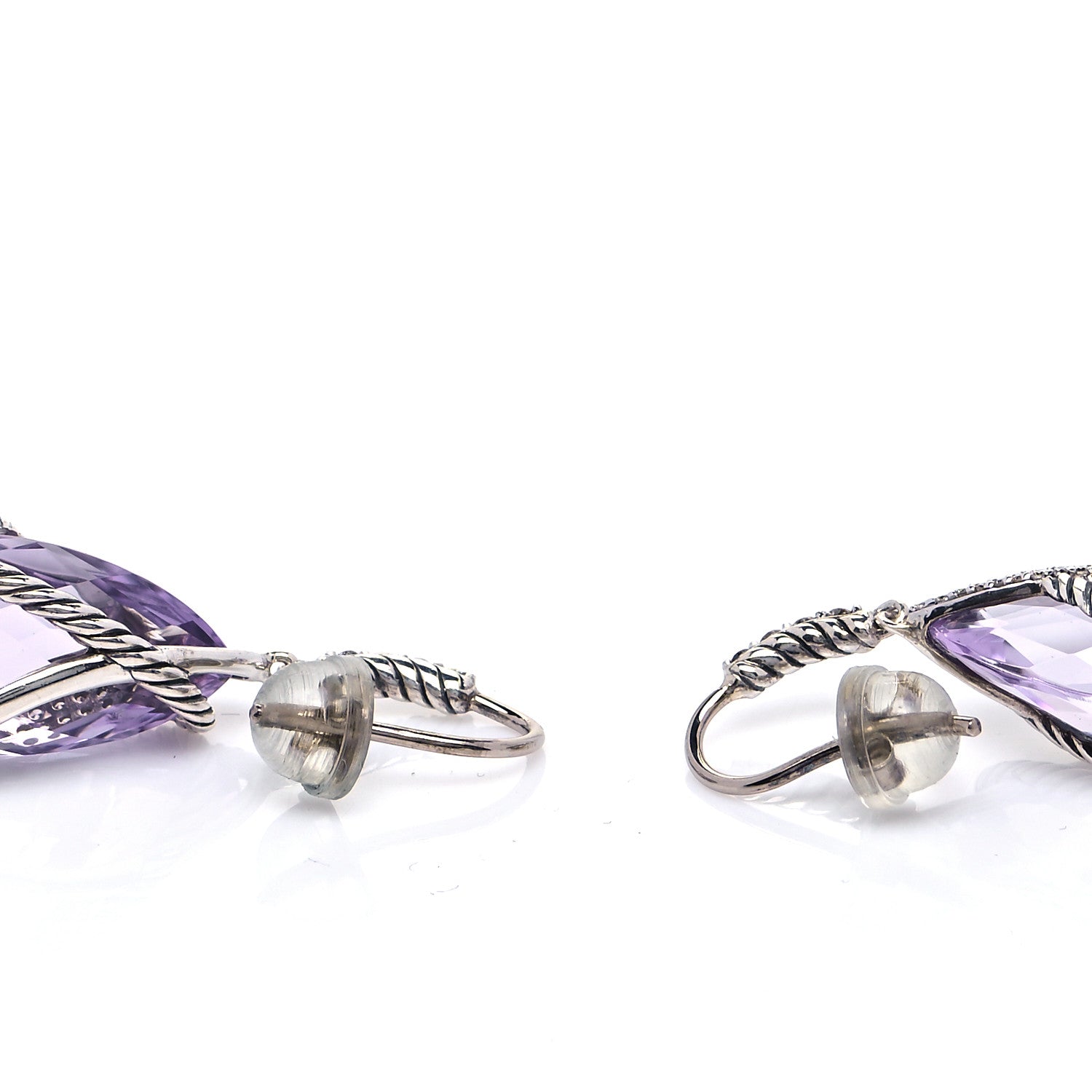 David Yurman Sterling Silver Diamond Amethyst Cable Wrap Drop Earrings 4 of 5