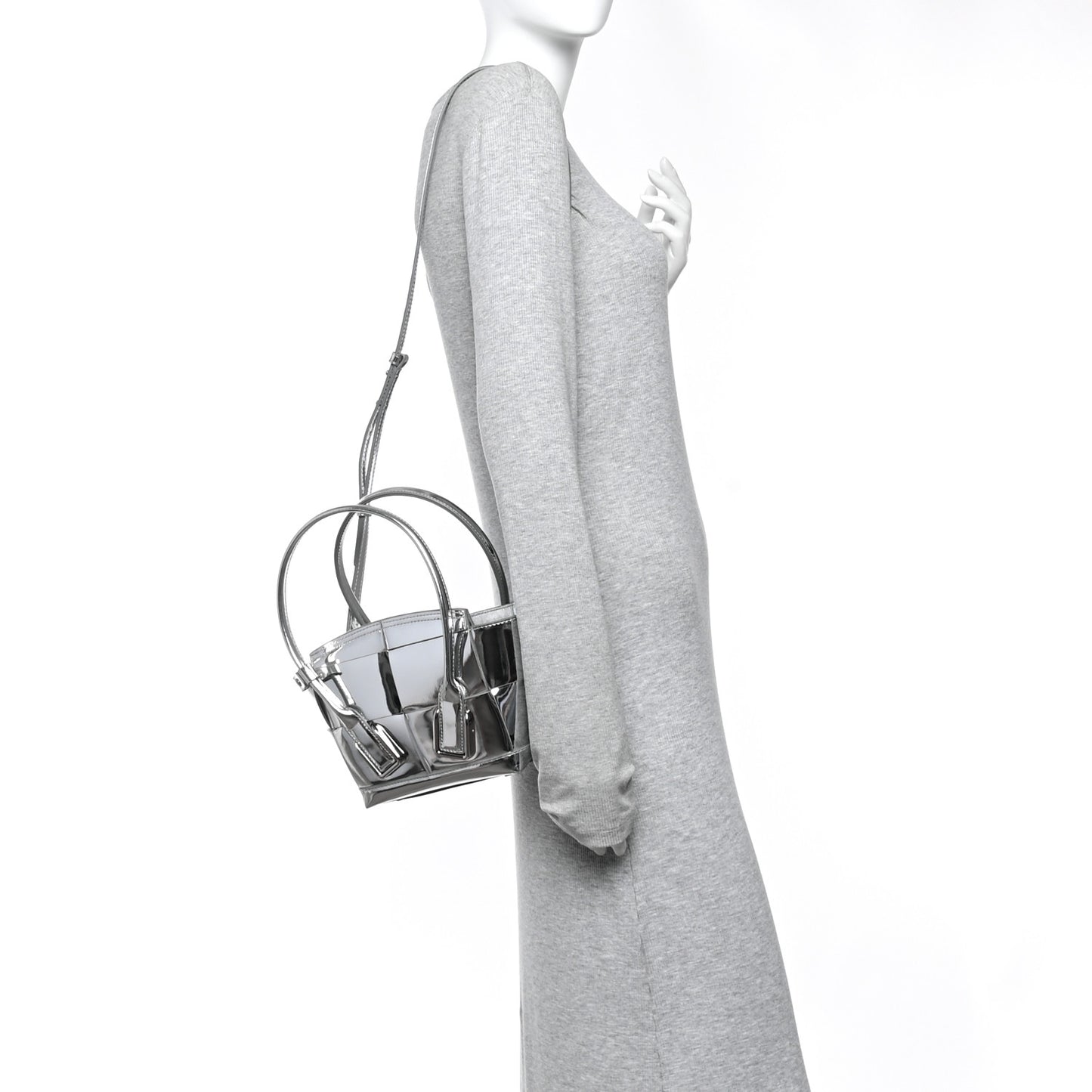 Mirror Laminated Nappa Maxi Intrecciato Mini Arco  Silver