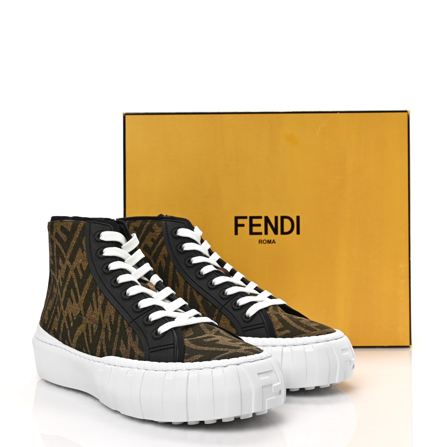 Fendi X SARAH COLEMAN Fabric Jacquard FF Vertigo Mens Fendi Force High Top Sneakers 8 Tobacco Black 7 of 7