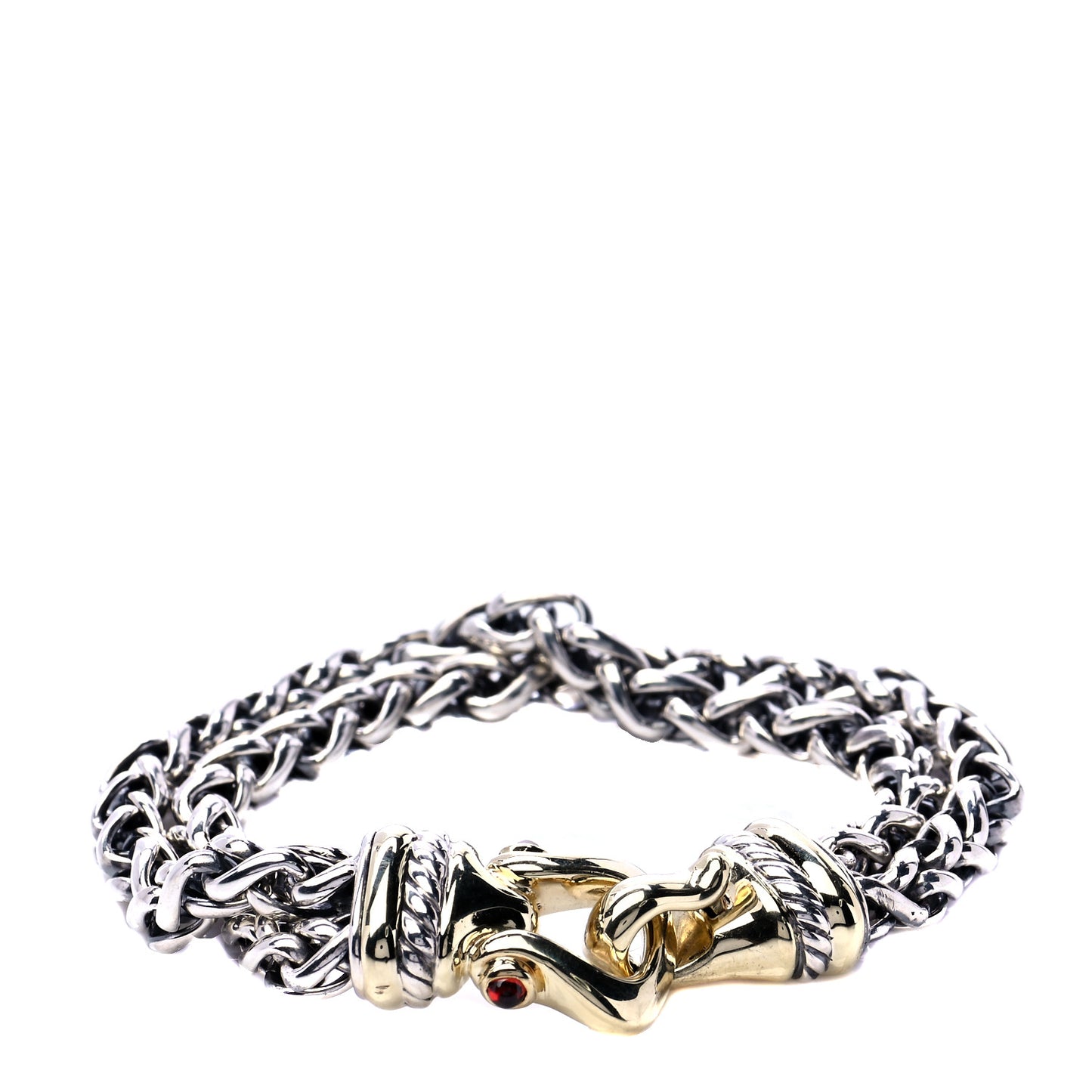 Sterling Silver 14K Yellow Gold Garnet 6mm Double Wheat Buckle Bracelet