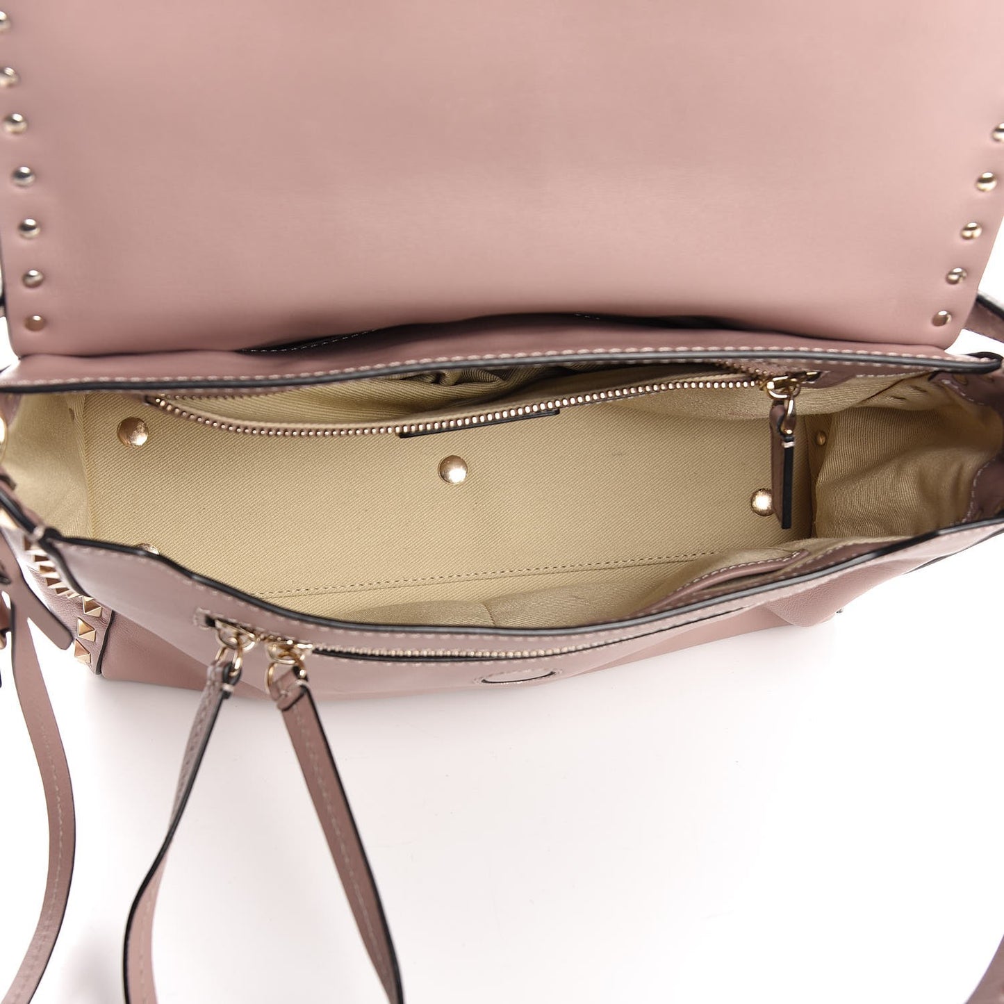 Smooth Calfskin Rockstud Top Handle Shoulder Bag Beige