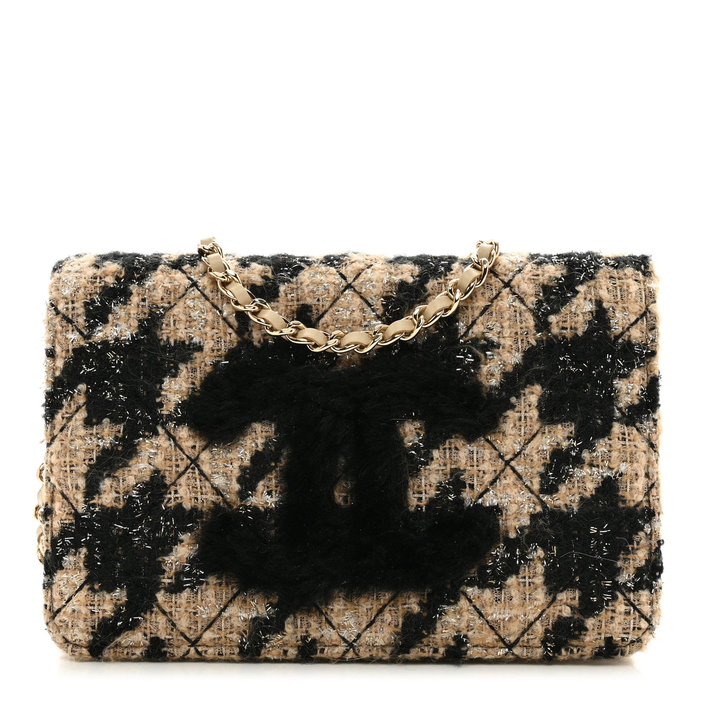 Tweed Shearling Quilted Chanel Wallet On Chain WOC and Coin Purse Beige Black