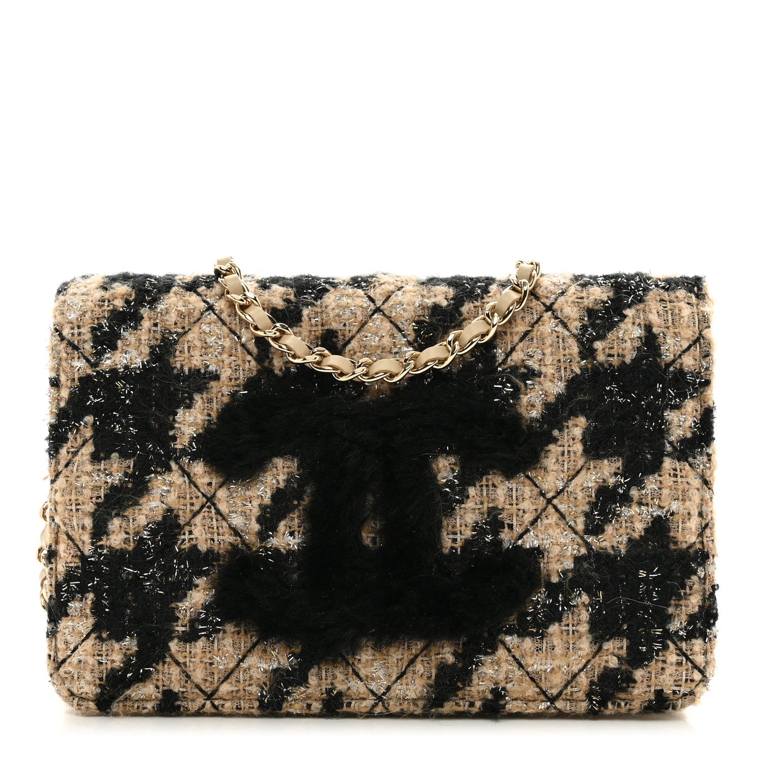 Chanel Tweed Shearling Quilted Chanel Wallet On Chain WOC and Coin Purse Beige Black 3 of 14