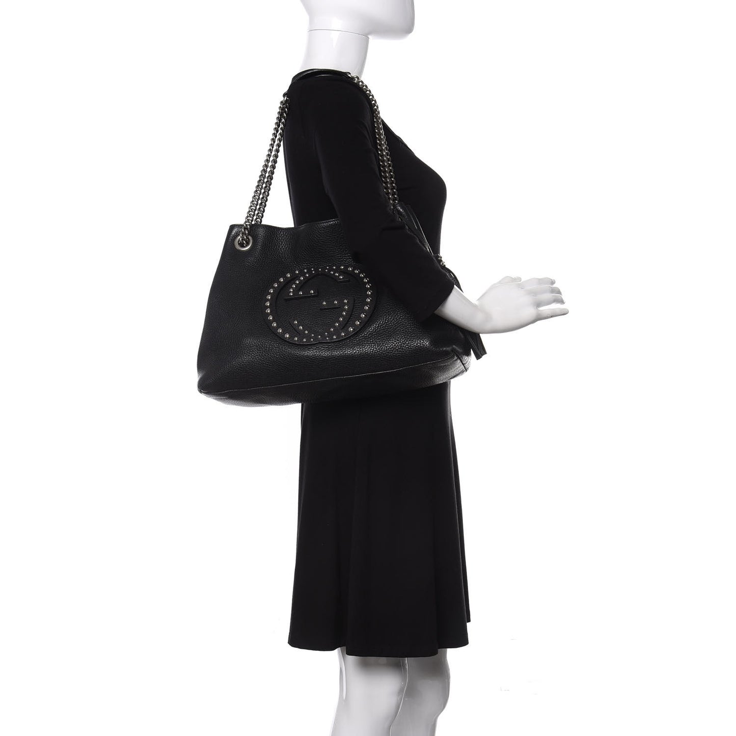 Pebbled Calfskin Studded Medium Soho Chain Shoulder Bag Black