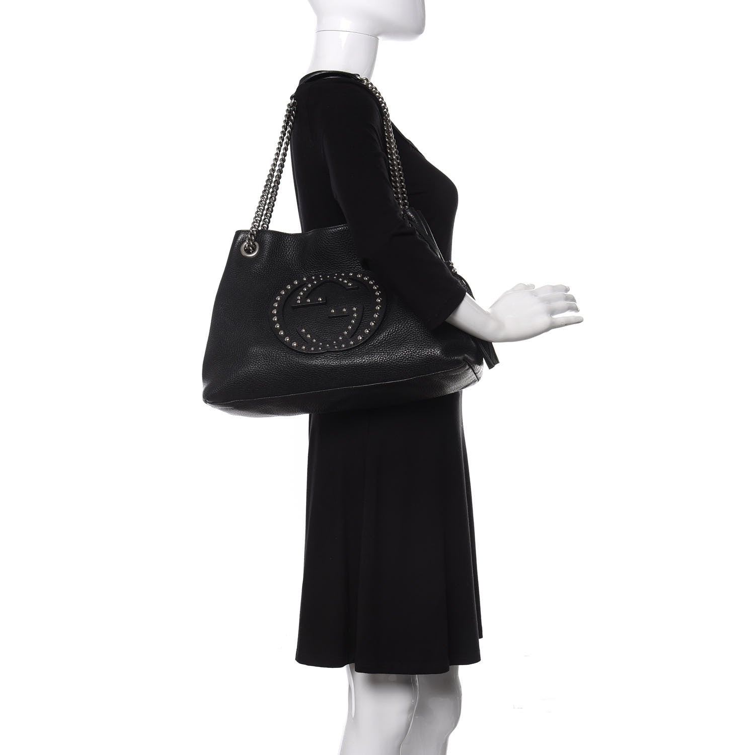 Gucci Pebbled Calfskin Studded Medium Soho Chain Shoulder Bag Black 2 of 13