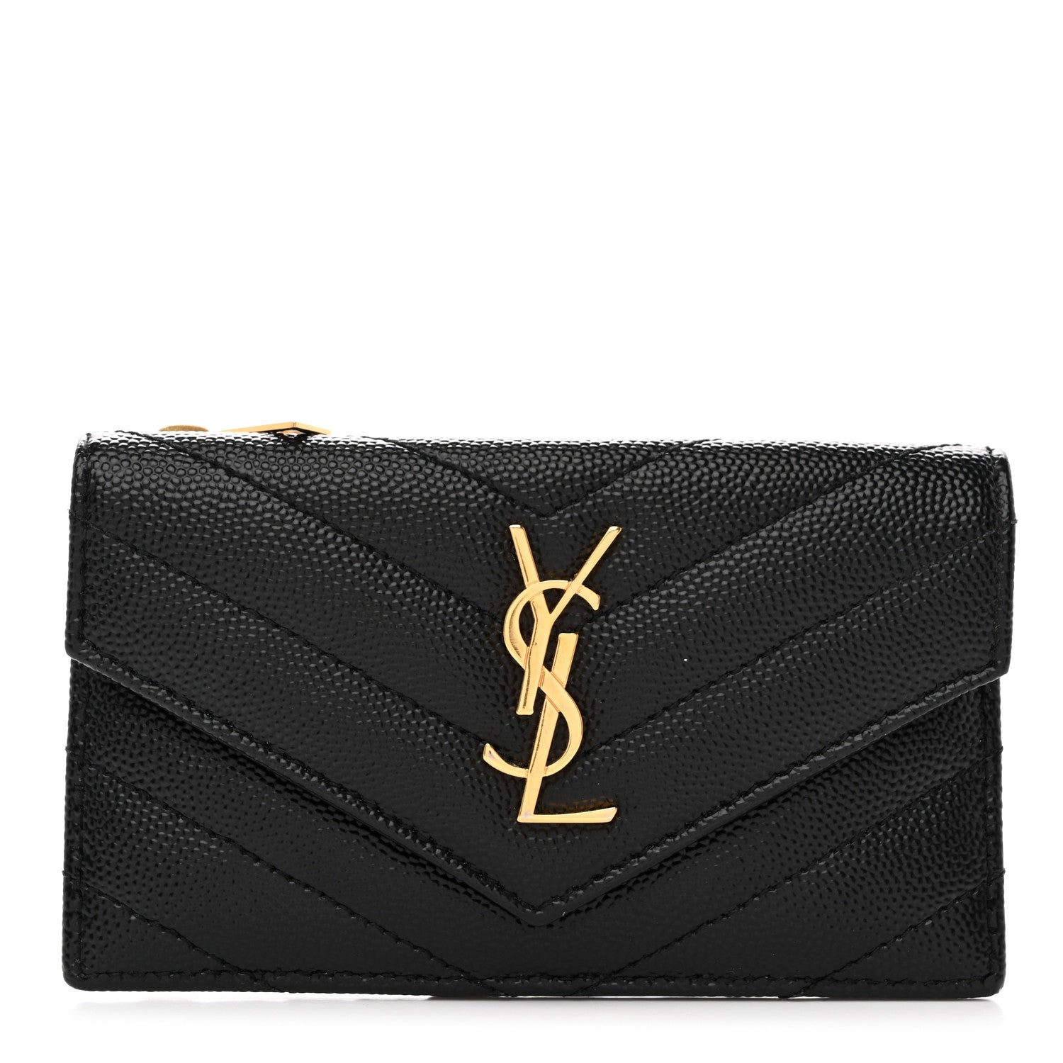 Saint Laurent Grain De Poudre Matelasse Chevron Monogram Compact Wallet Black 1 of 7