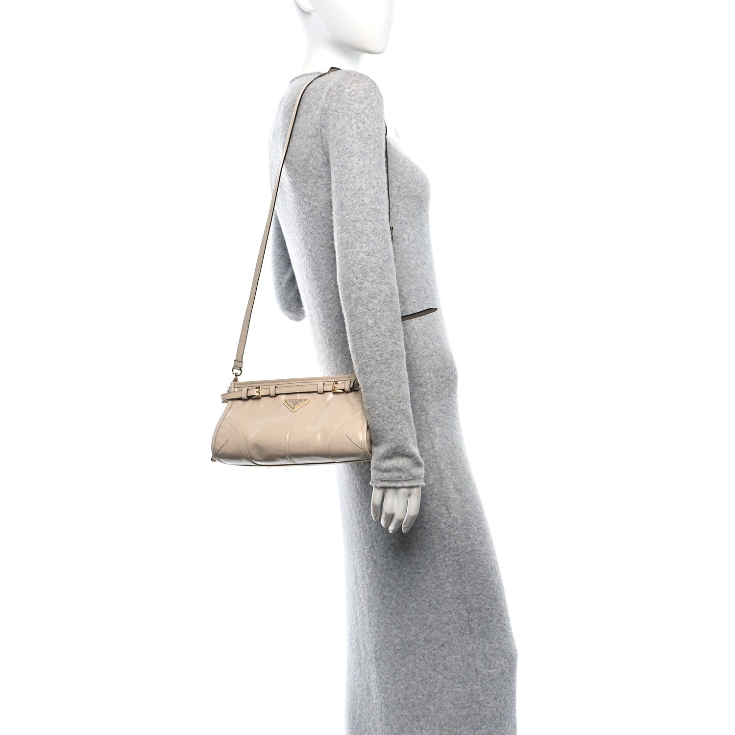 Prada Glossy Calfskin Triangle Small Bonnie Shoulder Bag Travertine 2 of 9