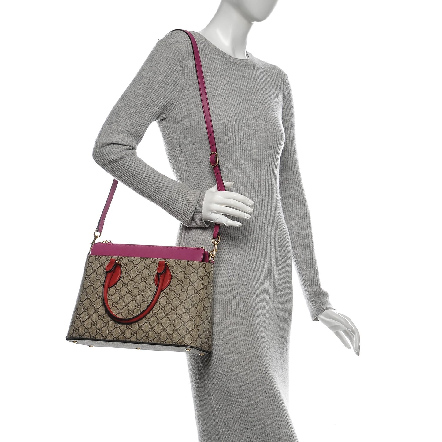 GG Supreme Monogram Moon Calfskin Small Zip Top Tote Beige Ebony Hibiscus Red New Rosette
