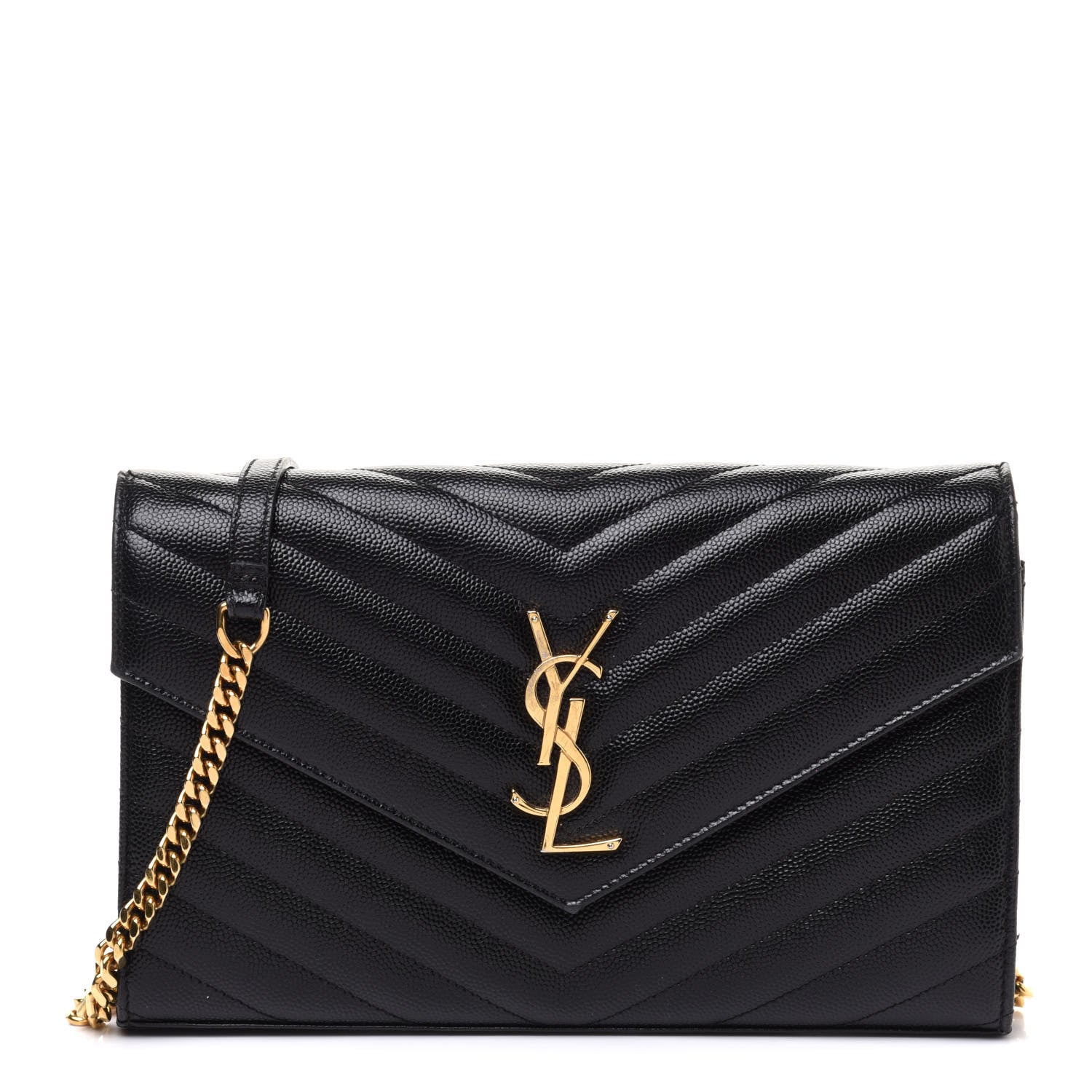 Saint Laurent Grain De Poudre Matelasse Chevron Monogram Chain Wallet Black 1 of 16
