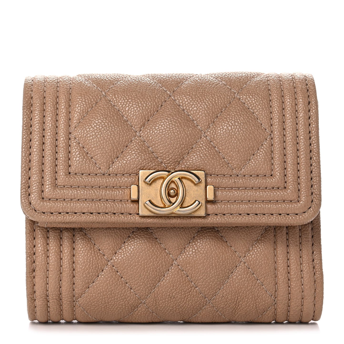 Caviar Quilted Compact Boy Flap Wallet Beige