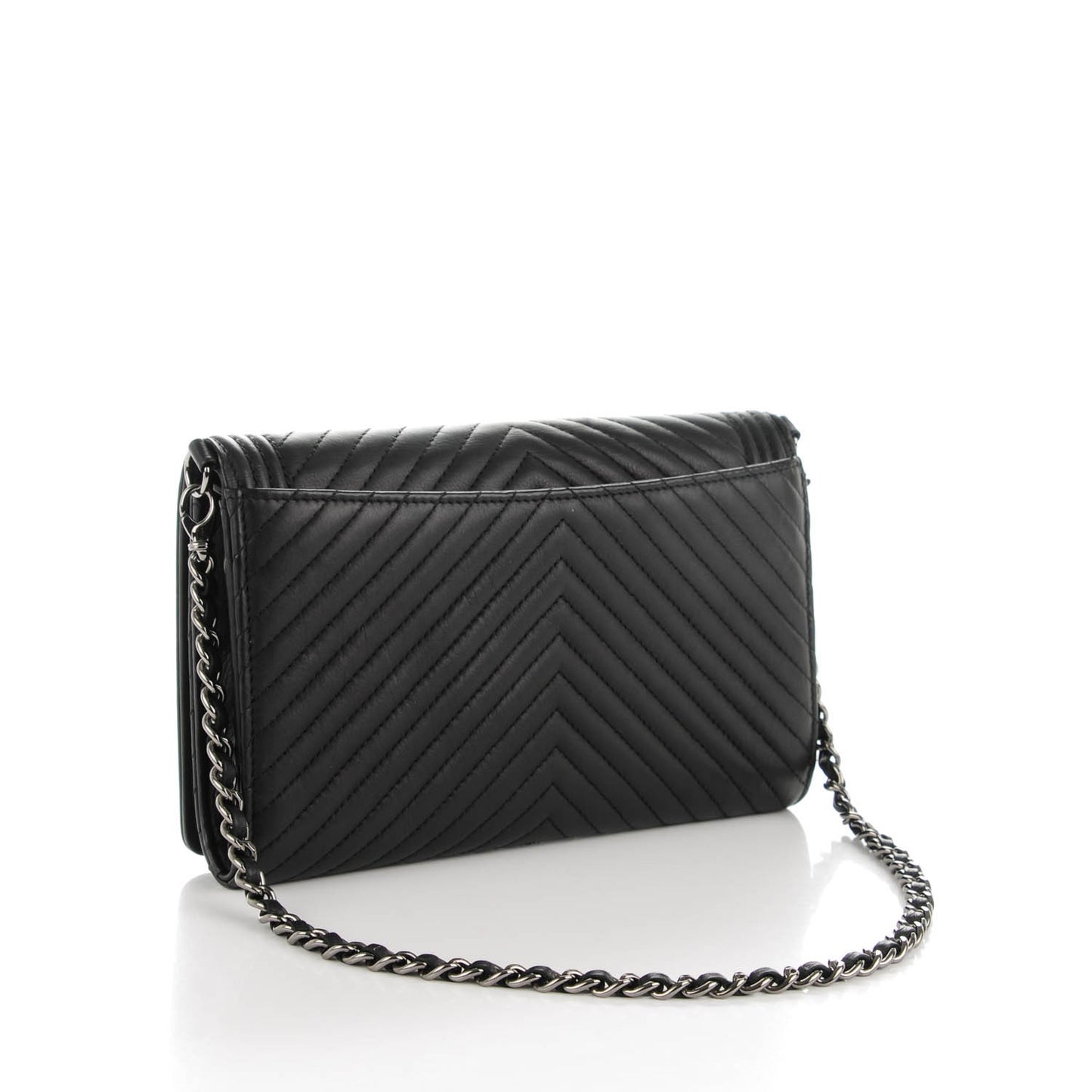 Calfskin Chevron Quilted Boy Wallet On Removable Chain WOC Black