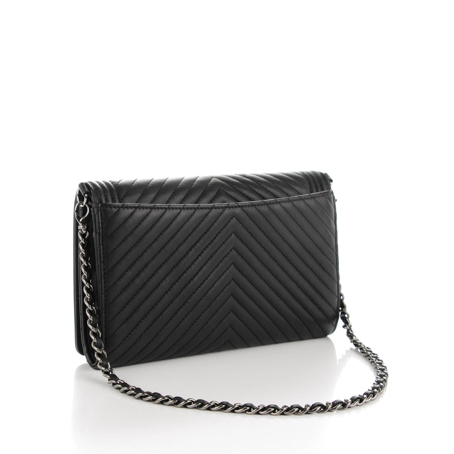 Chanel Calfskin Chevron Quilted Boy Wallet On Removable Chain WOC Black 3 of 8