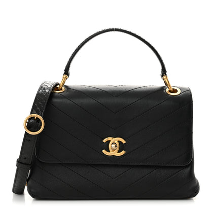 Chanel Grained Calfskin Snakeskin Small Chevron Chic Top Handle Flap Black 1 of 14