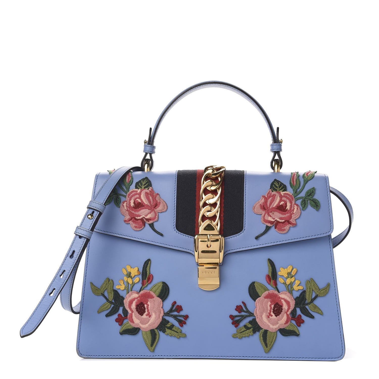Gucci Calfskin Embroidered Medium Sylvie Top Handle Bag Clear Sky Blue 1 of 16